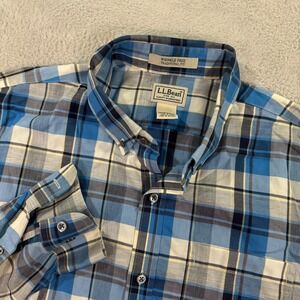 L.L.Bean Shirt Men Large Blue‎ White Plaid Traditional Fit 300267 Button Up GUC